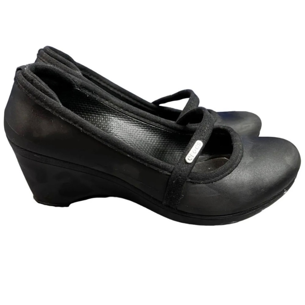 Crocs Women's Casey Mary Janes Wedge Heels Shoes Black Slip On Round Toe  8 W